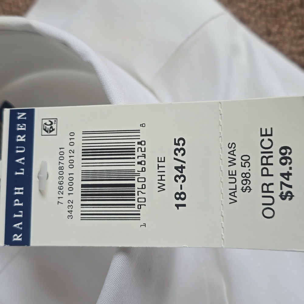 Ralph Laurn, Non-iron, 18-34/35 White Button Down Mens Shirt - Picture 5 of 5